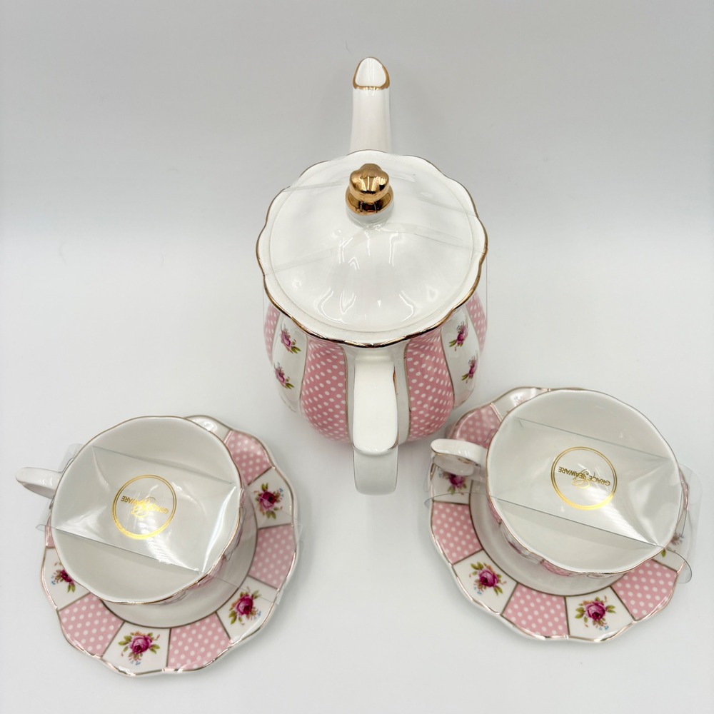 Grace Teaware Pink Polka Dot Rose Floral Porcelain Teapot and 2 Cup Saucer Set - Picture 7 of 11